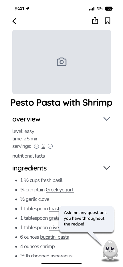 In-recipe overview and ingredients wireframe