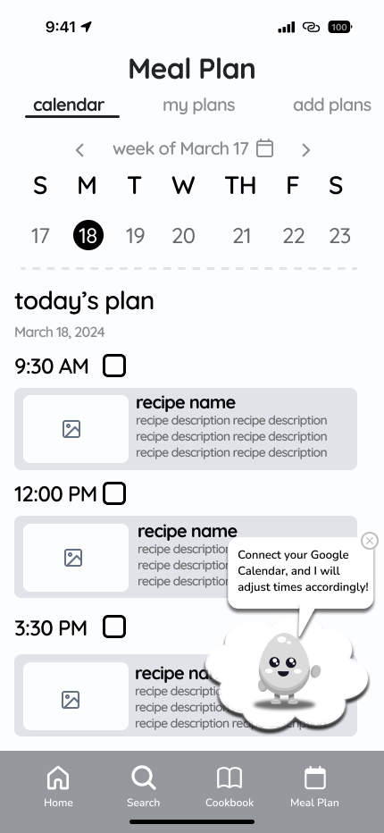 Meal Plan week calendar wireframe