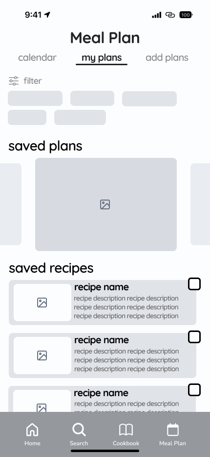 Meal Plan my plans wireframe