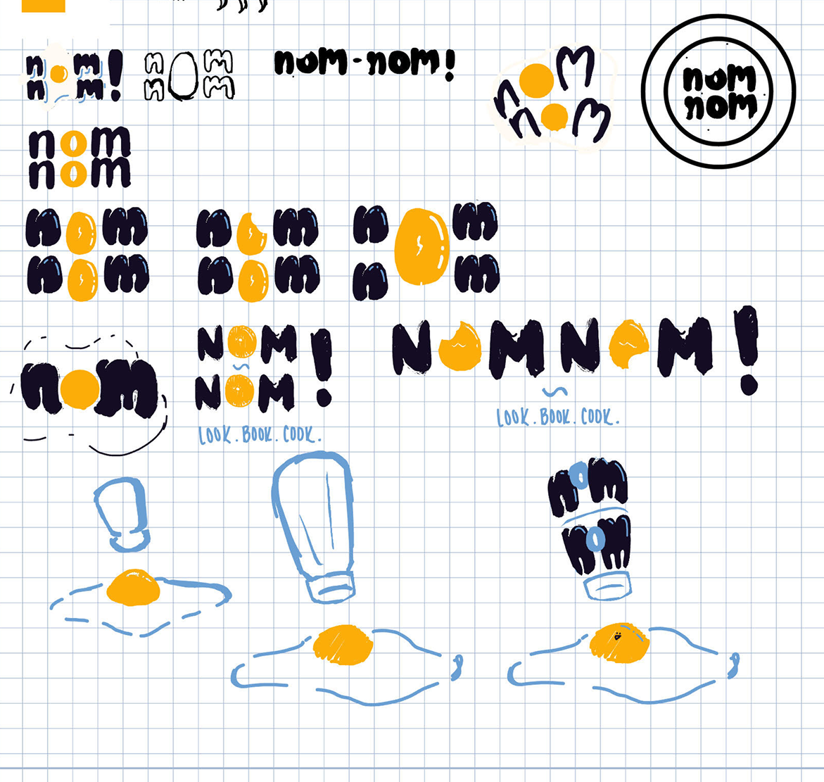 Nom-Nom logo explorations on grid paper