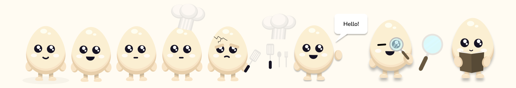 Nom-Nom mascot expressions: smiling, chef hat, cracked, waving hello, holding a magnifying glass, and reading