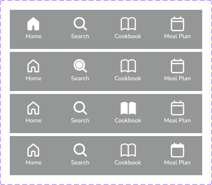 Nom-Nom navigation bar states for Home, Search, Cookbook, and Meal Plan