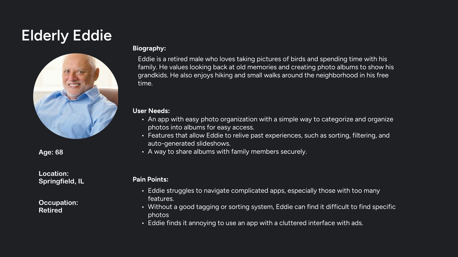 Elderly Eddie persona: biography, user needs, and pain points