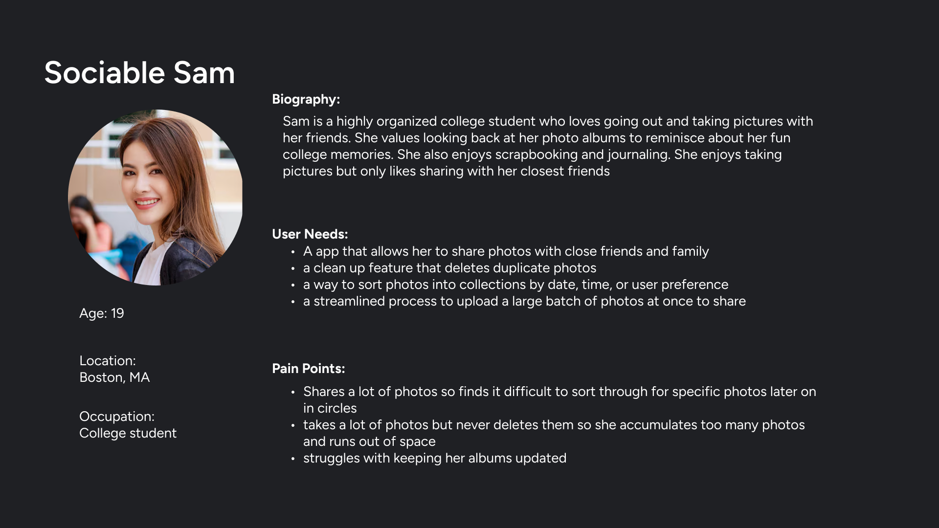 Sociable Sam persona: biography, user needs, and pain points