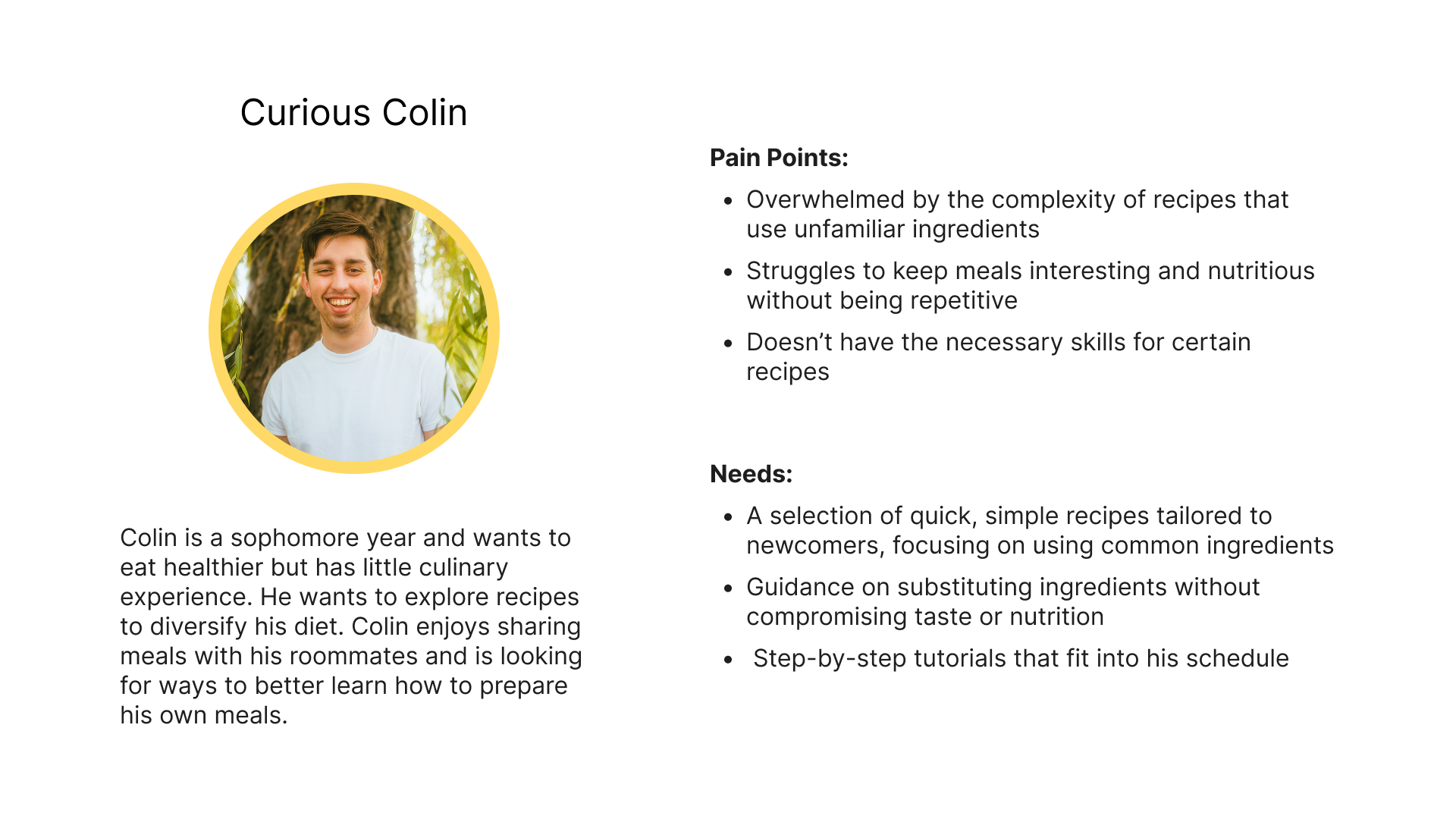 Curious Colin persona: pain points and needs
