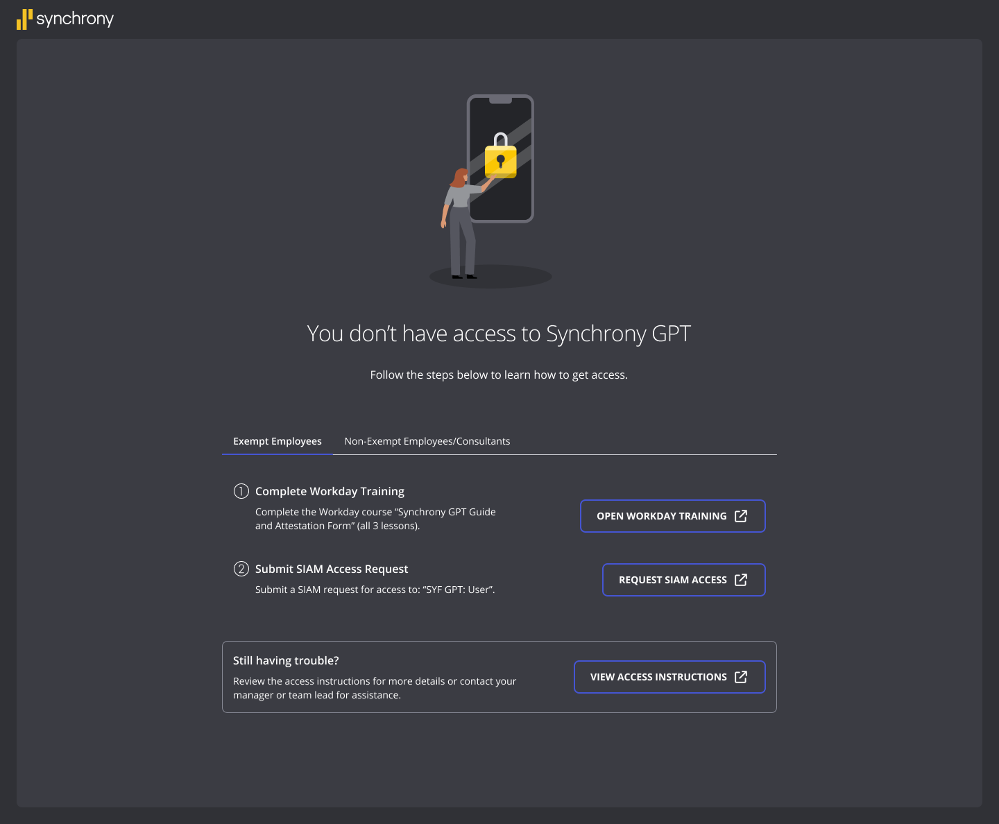 Final no access screen &mdash; exempt employees tab