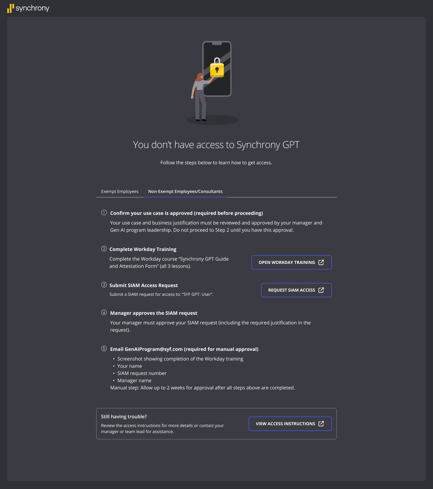 Final no access screen &mdash; non-exempt employees and consultants tab