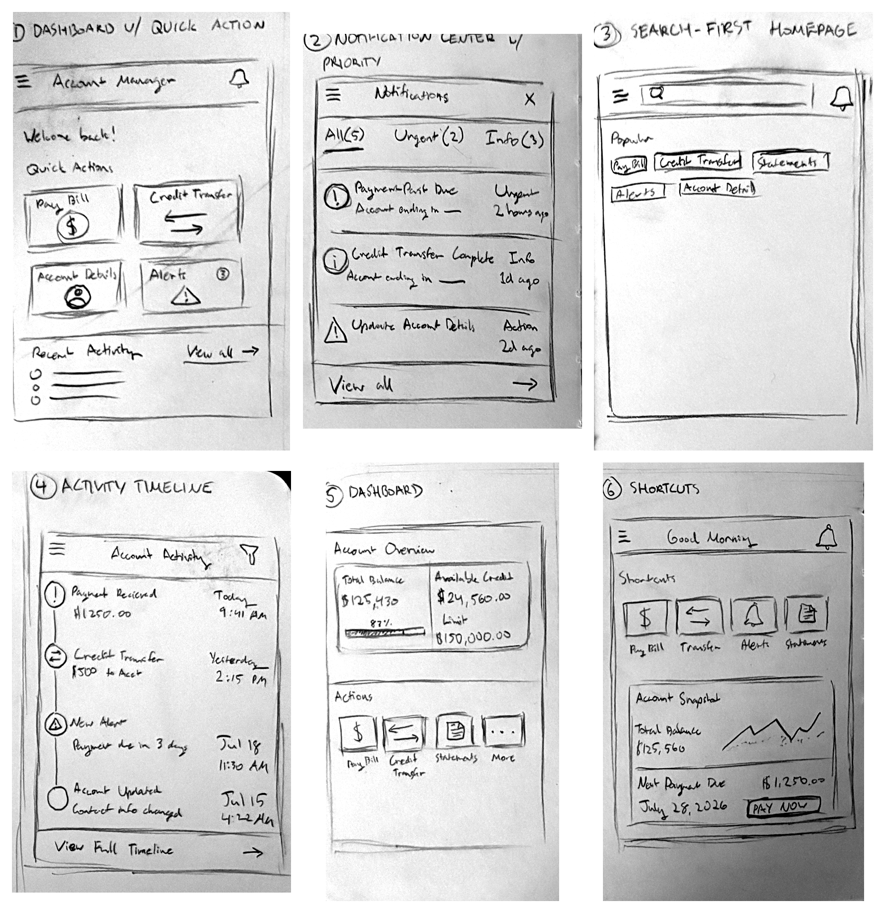 Crazy 8s sketches for the Account Manager experience