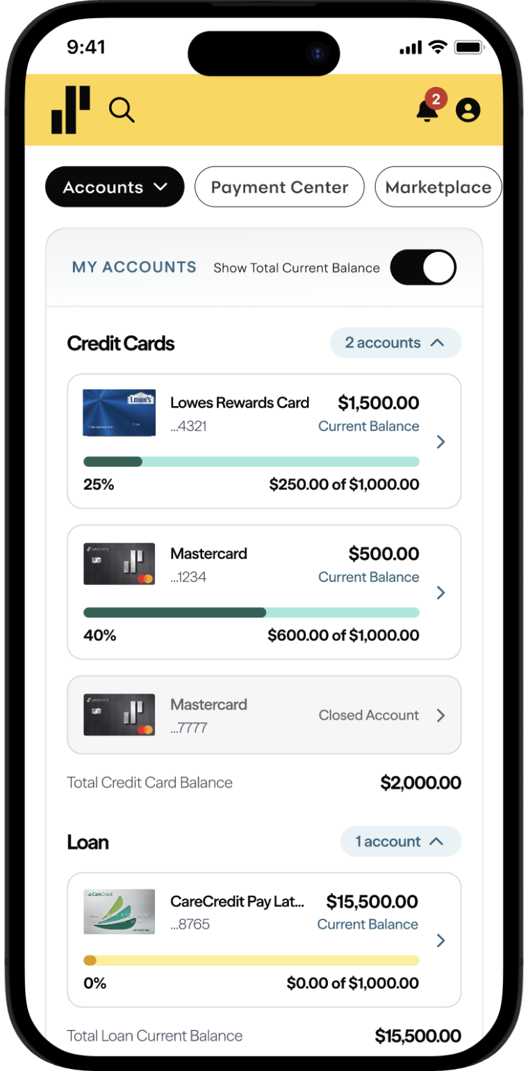 Synchrony Web Services accounts screen