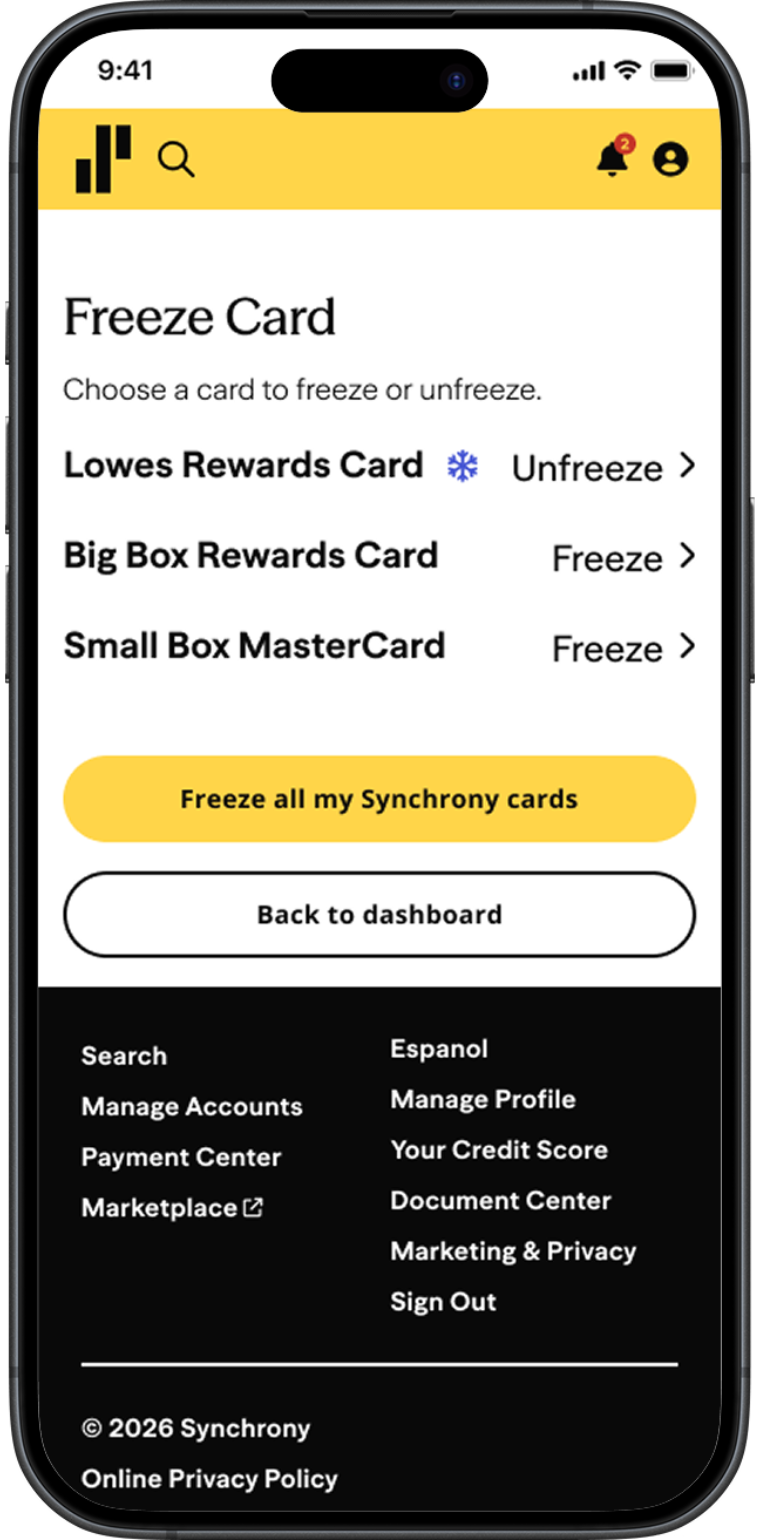 Synchrony Web Services freeze card screen