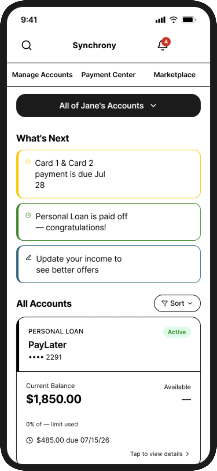 Concise account overview concept &mdash; What&rsquo;s Next and account detail
