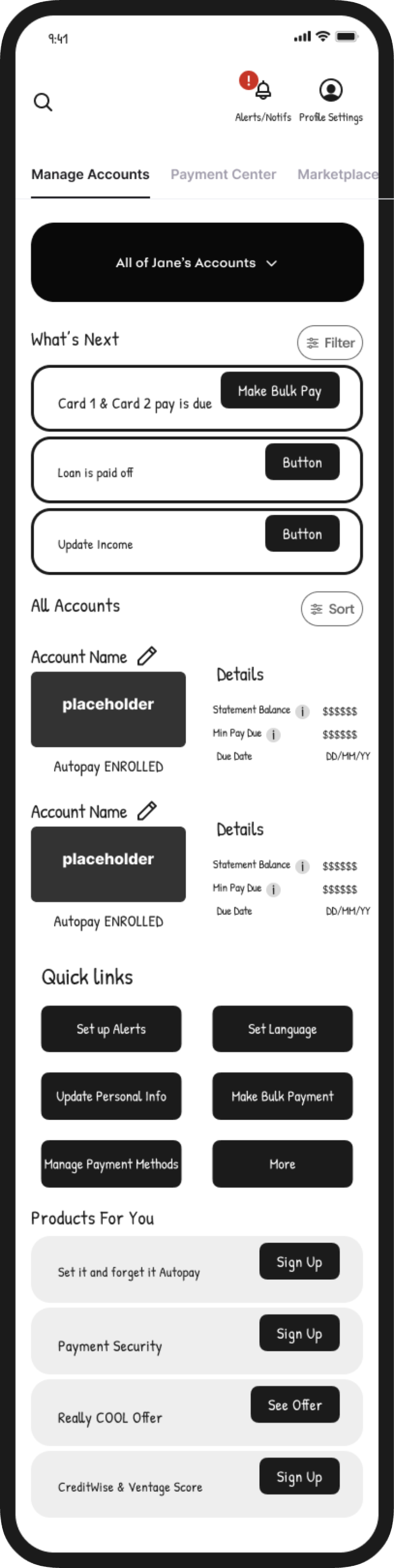 Concise account overview concept &mdash; full page with quick links and offers